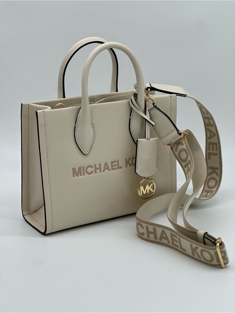 Michael Kors Cream Leather Satchel with Logo Strap and MK Charm - Picture 10 of 10
